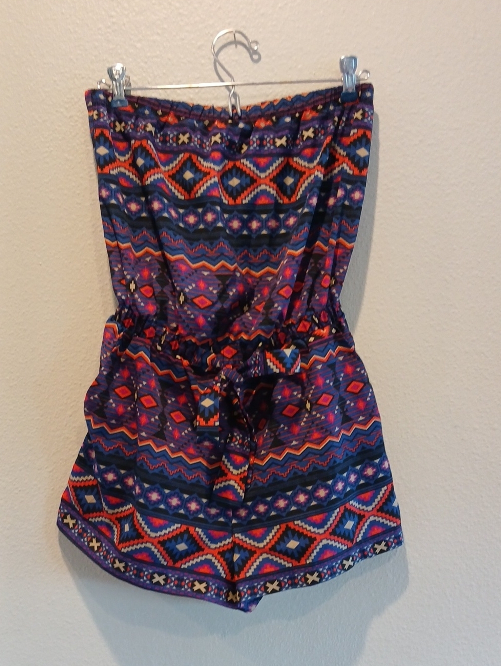 Forever 21 Blue and Black Tribal Strapless Romper with Pink & Orange Accents